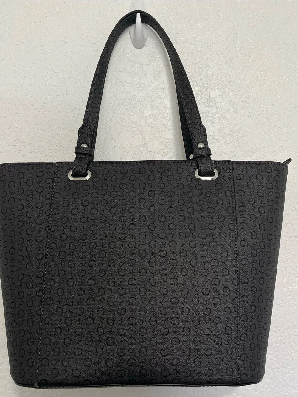 Guess Black Monogram Tote with Triangle Logo Accent